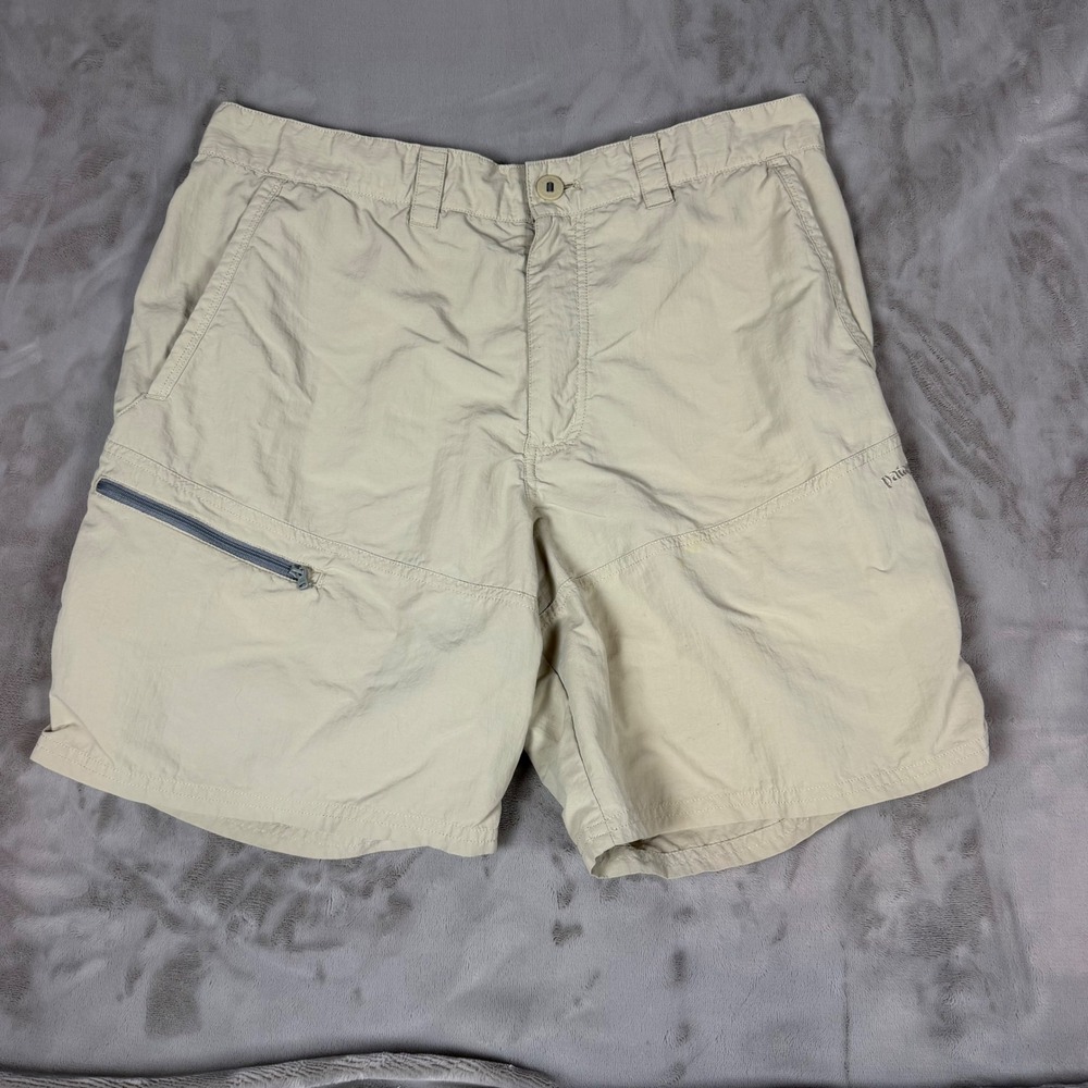 Patagonia Worn Wear Mens Khaki Nylon Hiking Shorts Large Tan Zip Pocket